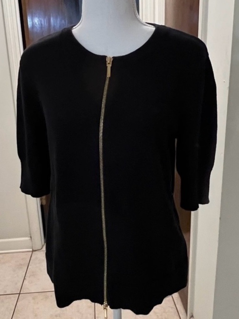 NWOT Lauren Ralph Lauren Black Gold Zip-Front Cotton Short Sleeve Cardigan SZ M - Picture 9 of 9